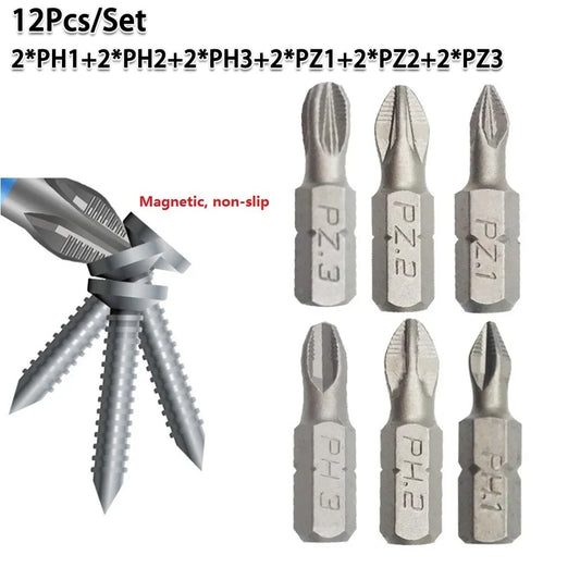 25mm Anti-Slip Magnetic Cross Bit Set - 12 Piece