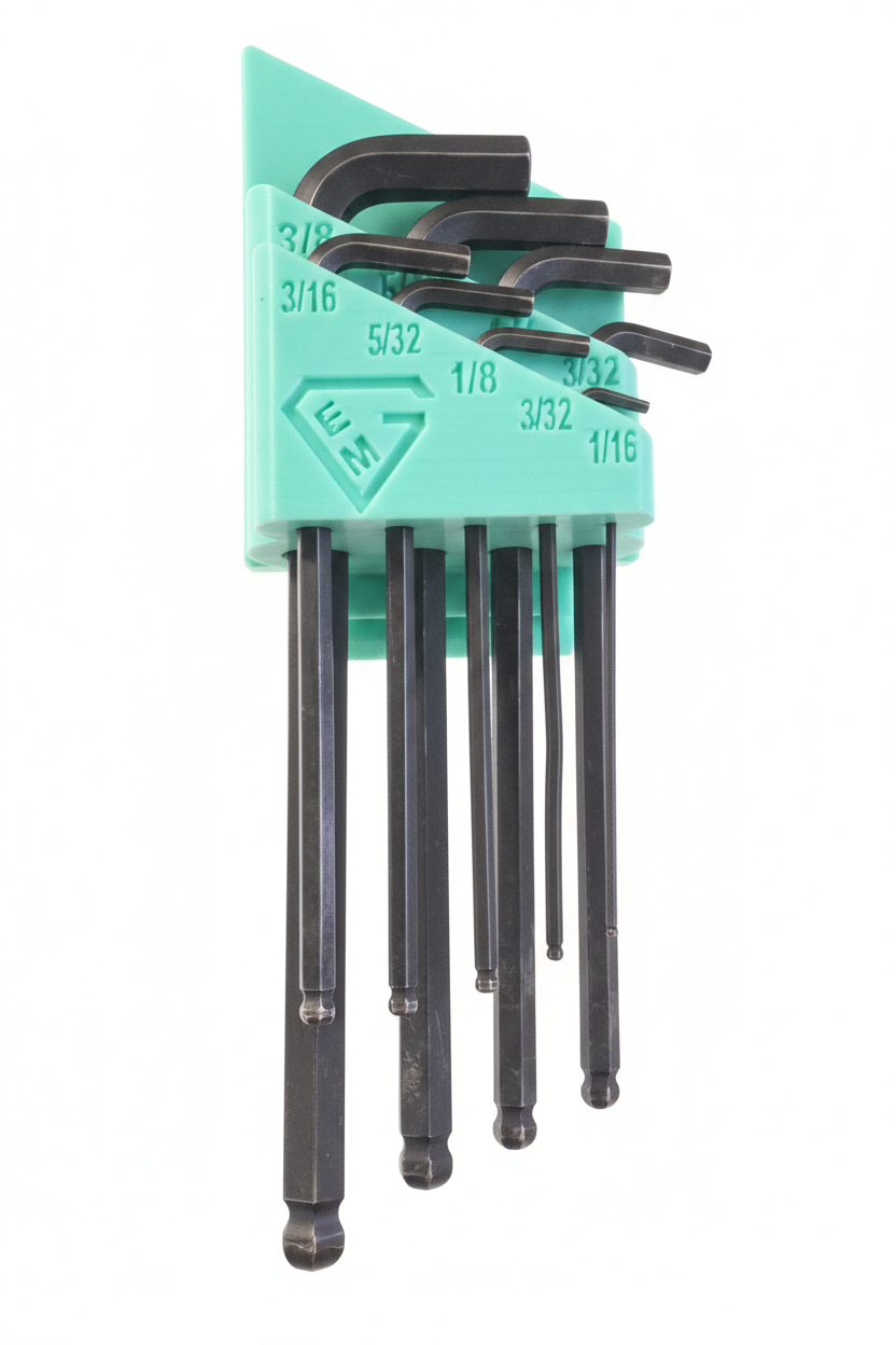 Set of allen wrenches in a teal belt clip holster on a white background
