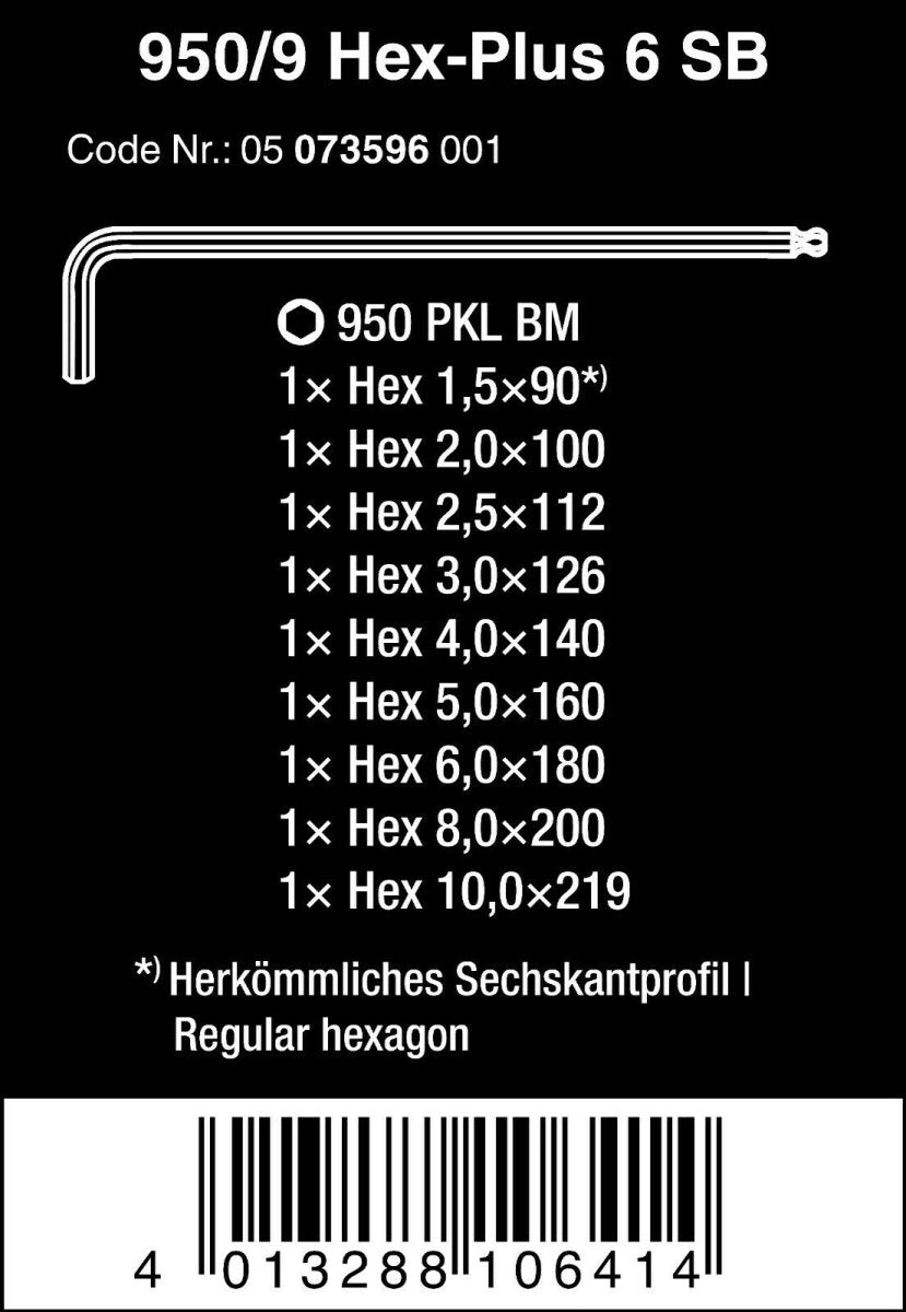 Wera 950/9 Hex-Plus 6 SB L-Key Set Metric 9 Pieces