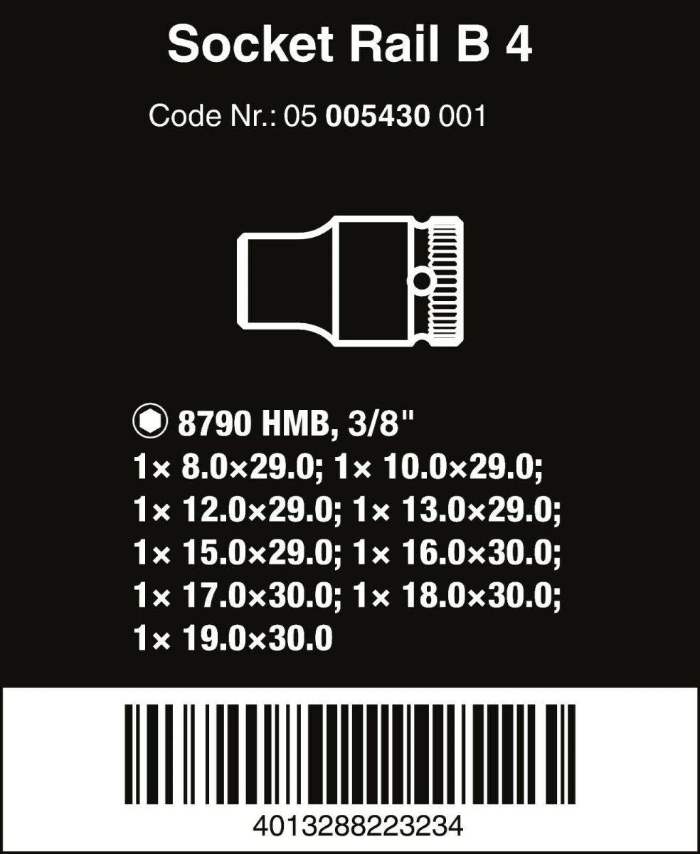 Wera B 4 Zyklop Magnetic Rail Socket Set 3/8" Drive 9 Pieces Metric